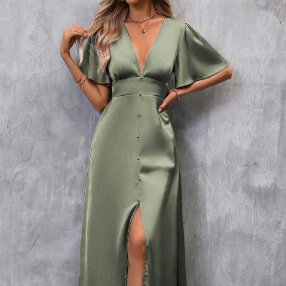 Army Green Preppy Womens Plunging Neck Butterfly Sleeve Split Thigh Satin Dress - Picture 4 of 4